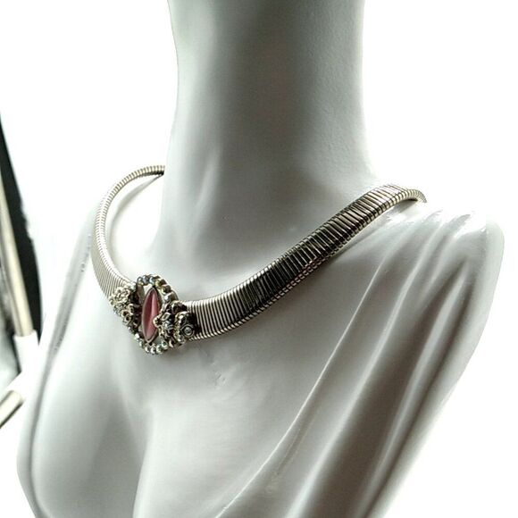 Silver-tone Flat Snake Chain with faux Gemstone & AB Rhinestones 16" Choker - Picture 6 of 13